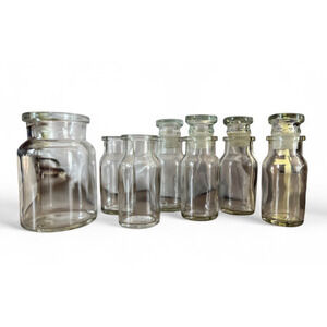 Vintage Mixed Size Mini Clear Glass Bottle Set 7 Stoppers Vase Alchemy Cottage